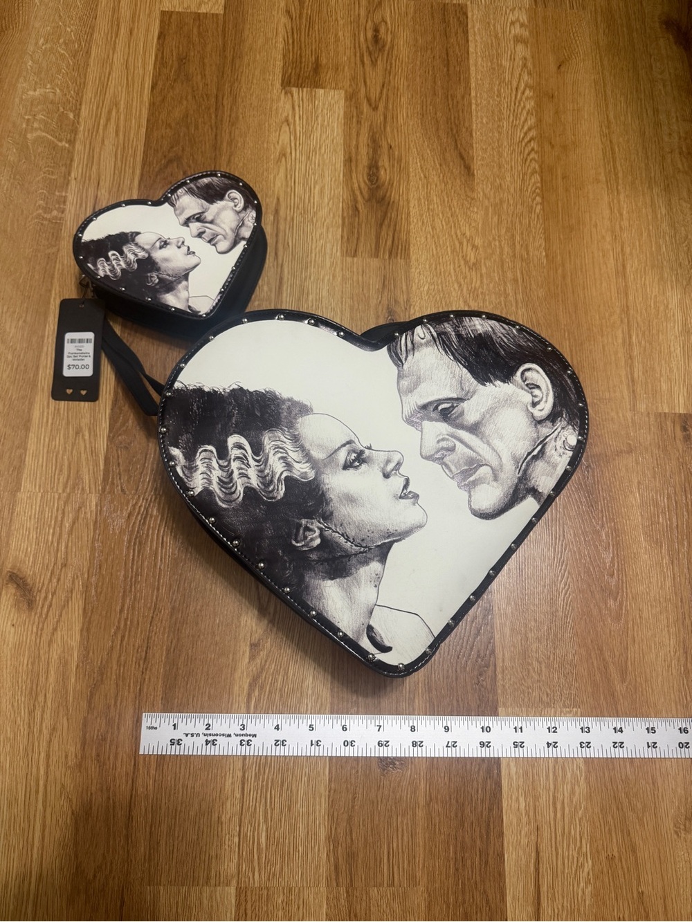 Heart-Shaped Frankenstein Crossbody Purse and Wristlet Set - Black & White NWT